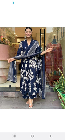 Royal Blue Cotton Printed Kurta