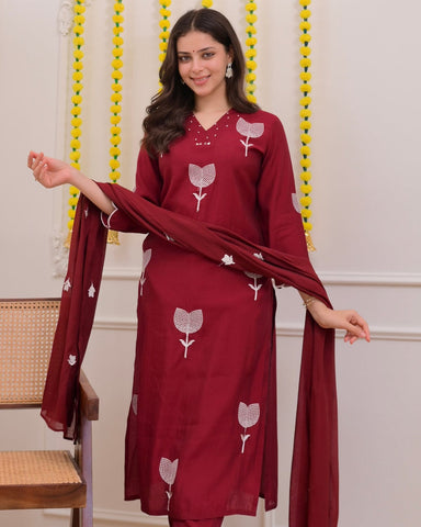 Maroon-licious thread embroidered 3pc kurta set
