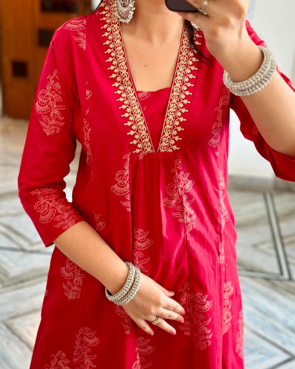 Women’s Red Cotton Printed Kurta Set with Matching Dupatta