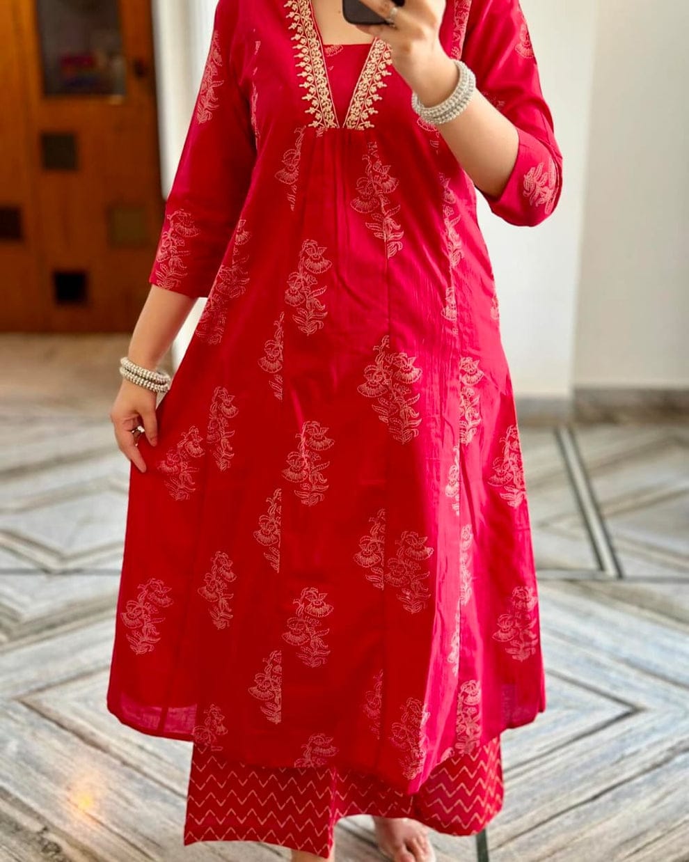 Women’s Red Cotton Printed Kurta Set with Matching Dupatta