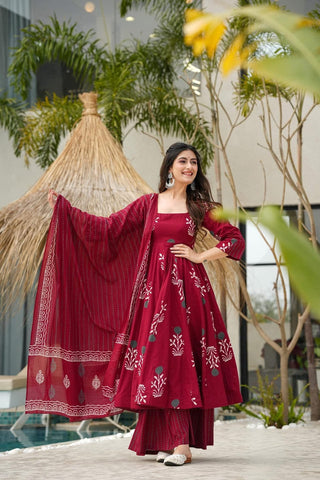 Maroon Cotton Anarkali Set With Dupatta