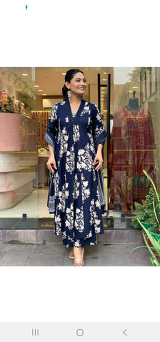 Royal Blue Cotton Printed Kurta