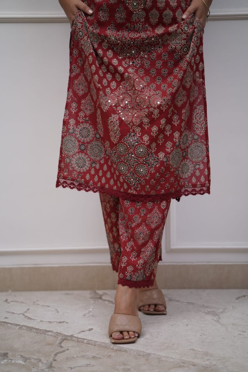 Pathani Red Straight Kurta Set