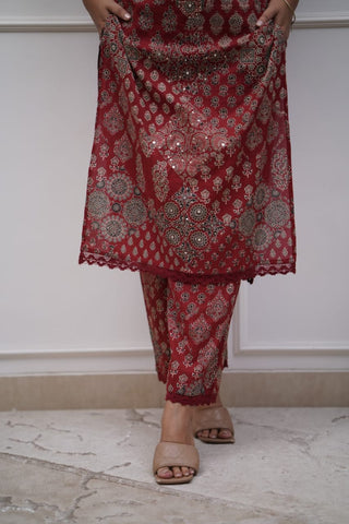 Pathani Red Straight Kurta Set