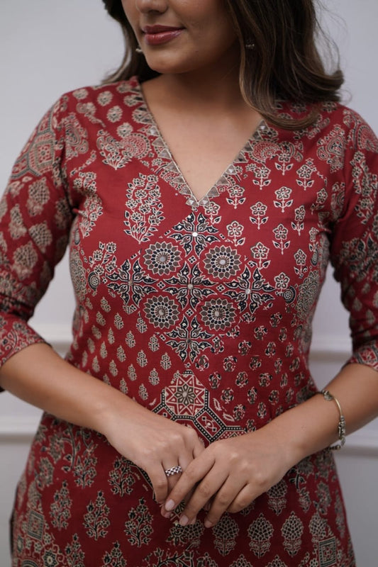 Pathani Red Straight Kurta Set