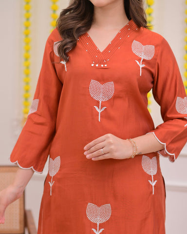 Orange bloom thread embroidered 3pc kurta set