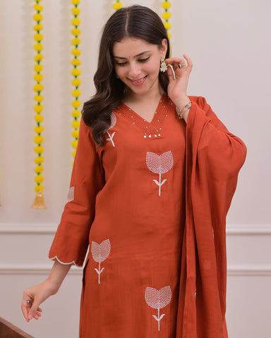 Orange bloom thread embroidered 3pc kurta set