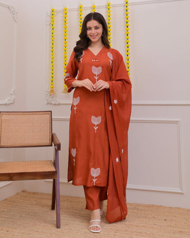 Orange bloom thread embroidered 3pc kurta set