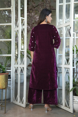 Wine Velvet Full Embroidery Kurta Set