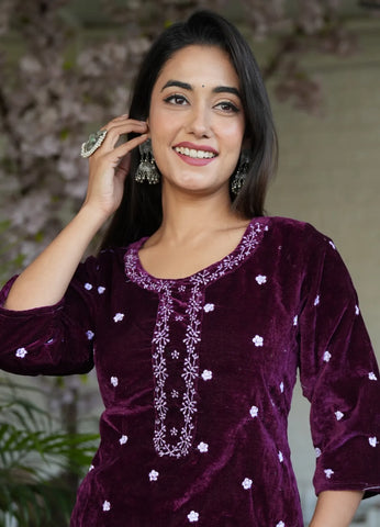 Wine Velvet Full Embroidery Kurta Set