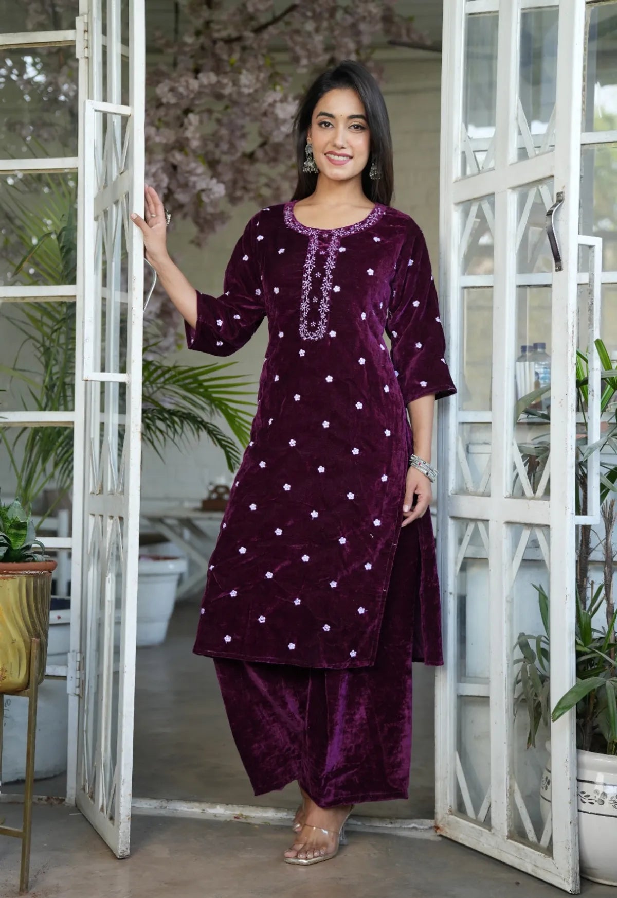Wine Velvet Full Embroidery Kurta Set