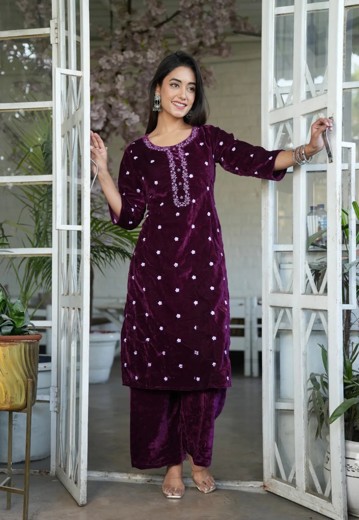 Wine Velvet Full Embroidery Kurta Set