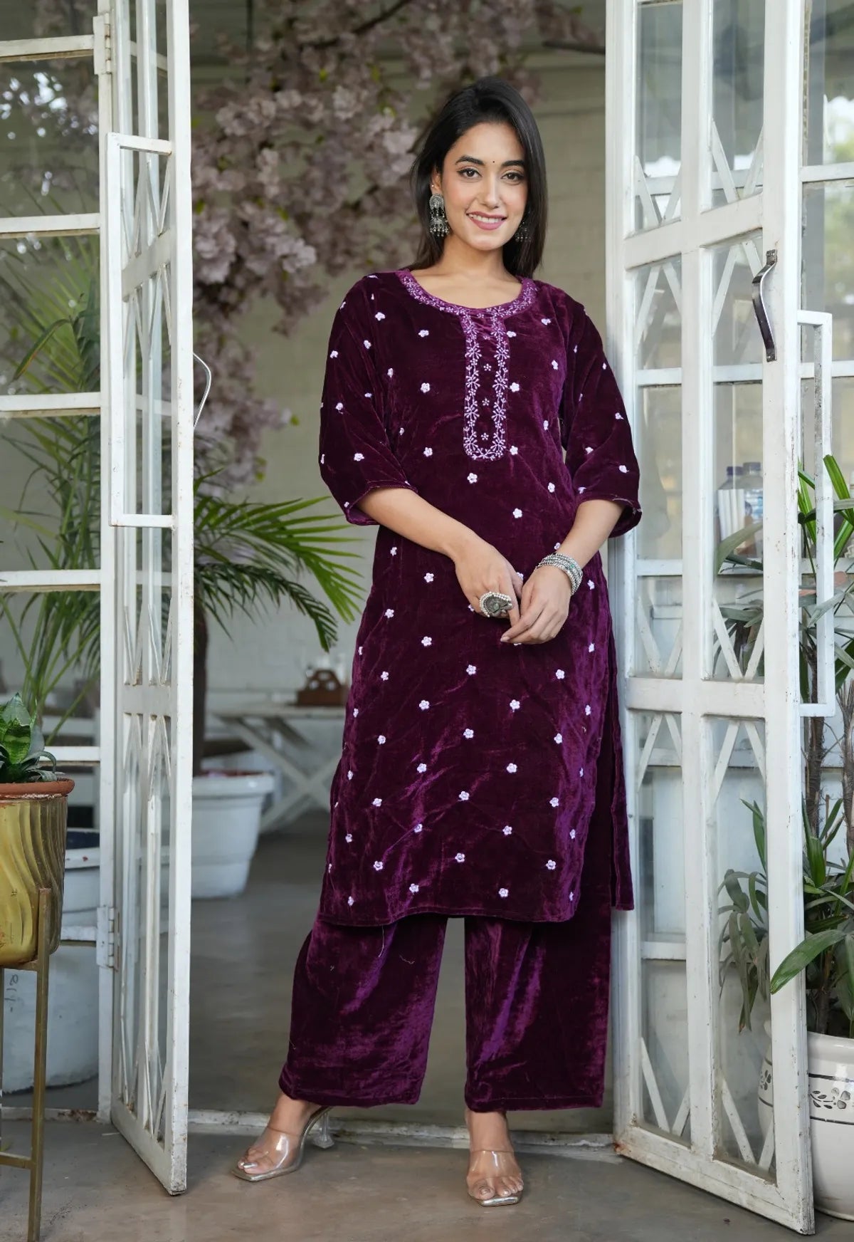 Wine Velvet Full Embroidery Kurta Set