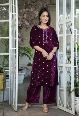 Wine Velvet Full Embroidery Kurta Set