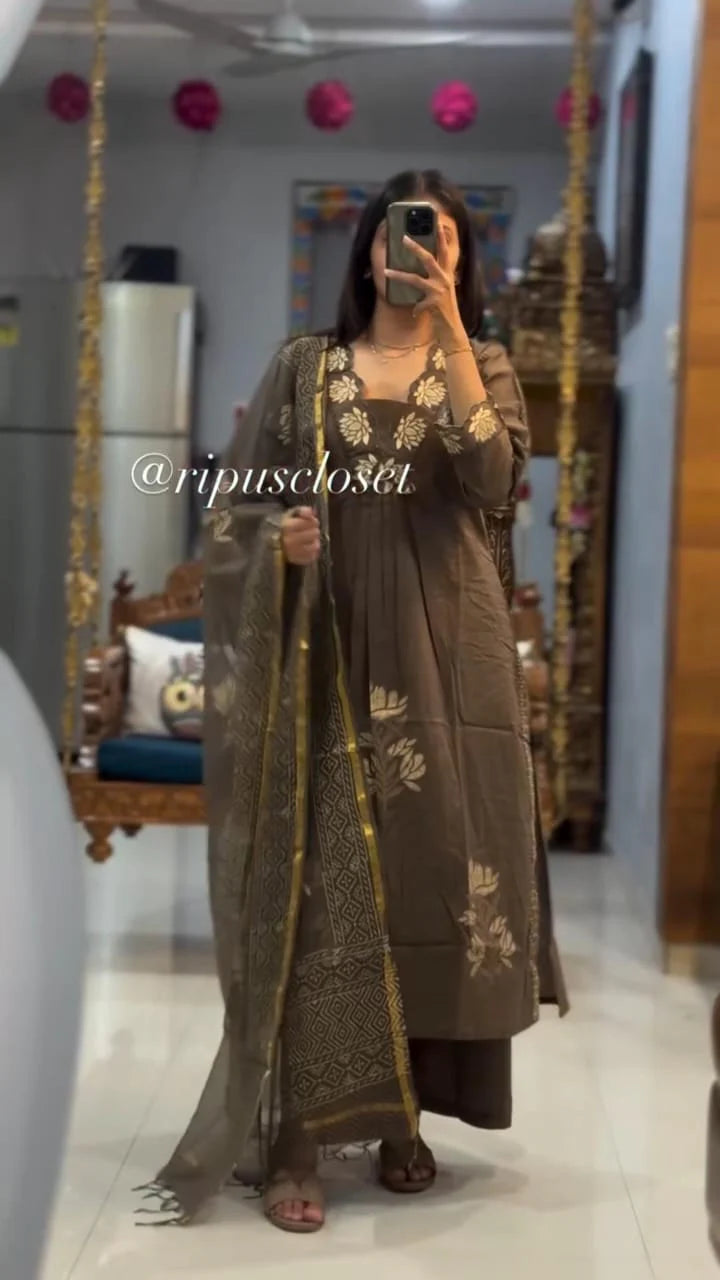 Brown Elegant Floral Embroidered Kurta Set with Dupatta