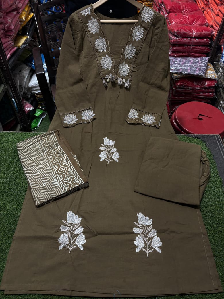 Brown Elegant Floral Embroidered Kurta Set with Dupatta
