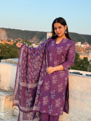 Purple floral printed 3pc kurta set