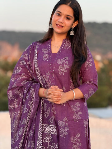 Purple floral printed 3pc kurta set