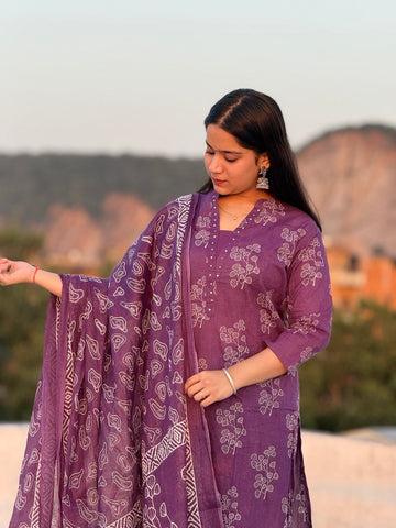 Purple floral printed 3pc kurta set