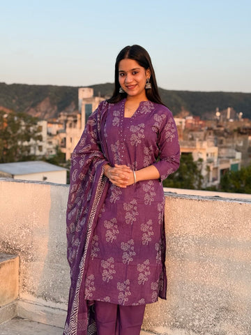 Purple floral printed 3pc kurta set