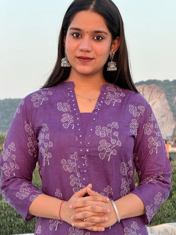Purple floral printed 3pc kurta set